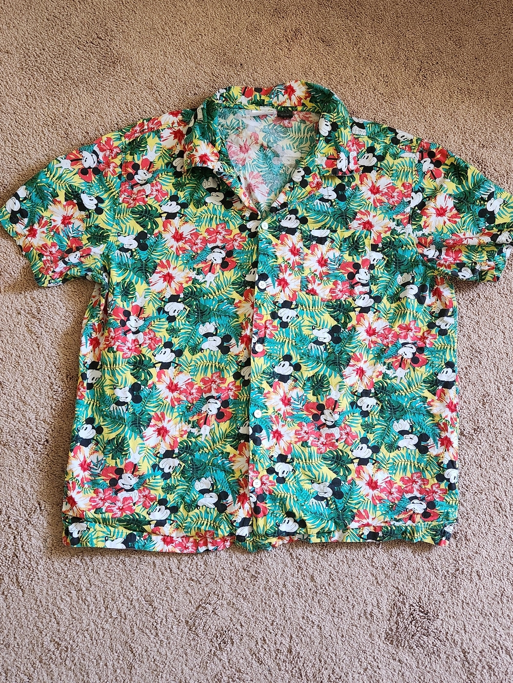 Disney Mens Hawaiian Shirt Tropical Floral Mickey Mouse 100% Cotton XL